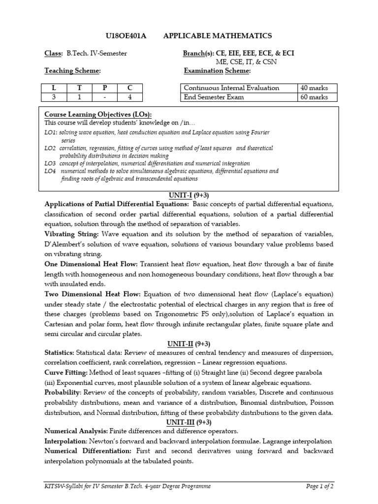 B.Tech IV Semester Applicable Mathematics Syllabus | PDF | Equations ...