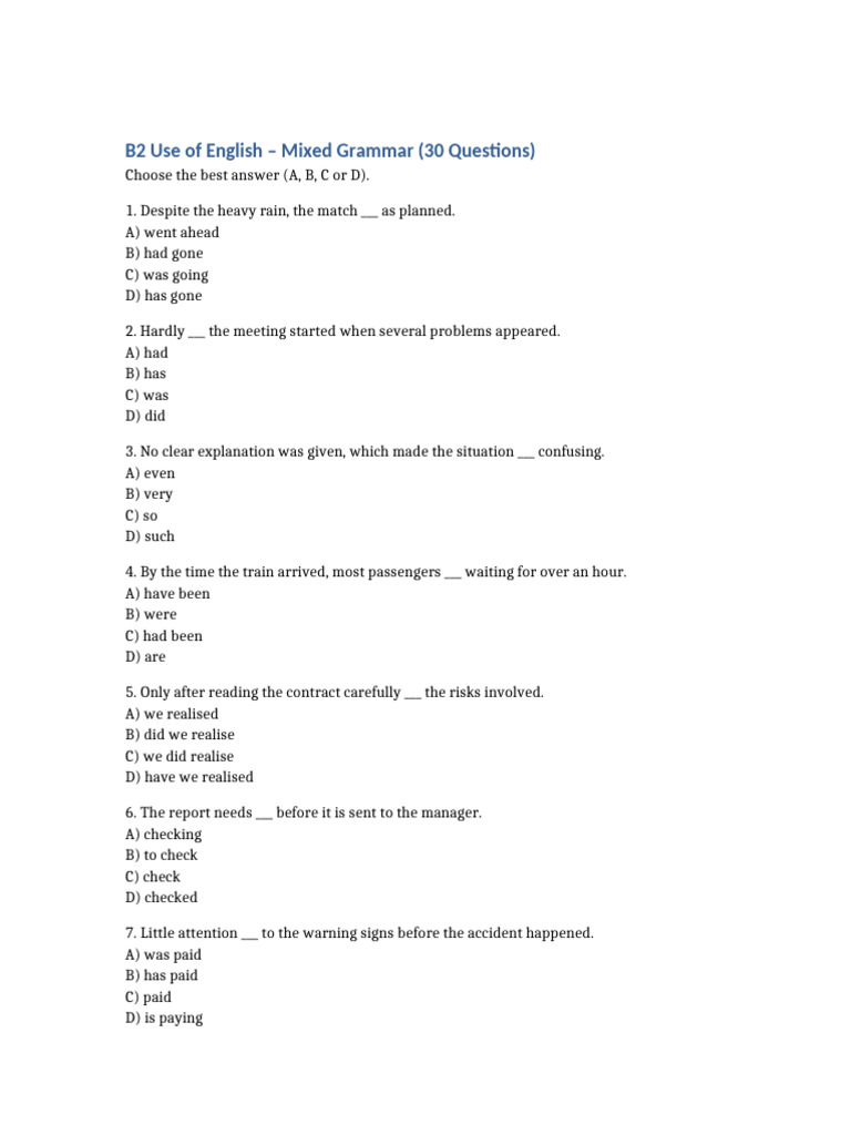 B2 English Grammar Quiz: 30 Questions | PDF