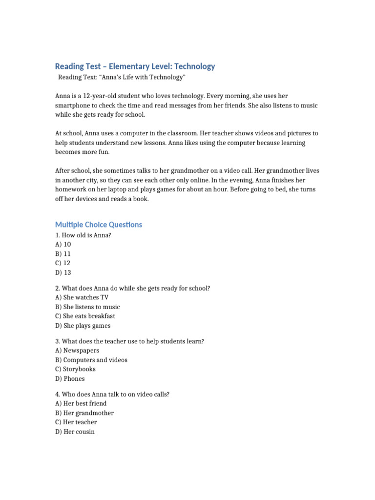 Anna's Tech Life: Reading Test | PDF