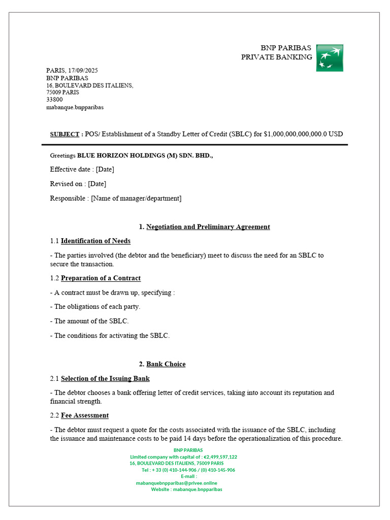 BNP Paribas SBLC Issuance Process Guide | PDF | Letter Of Credit ...