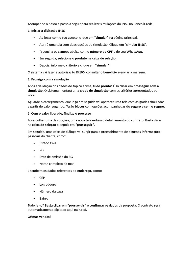 Simulação INSS no Banco iCred: Passo a Passo | PDF