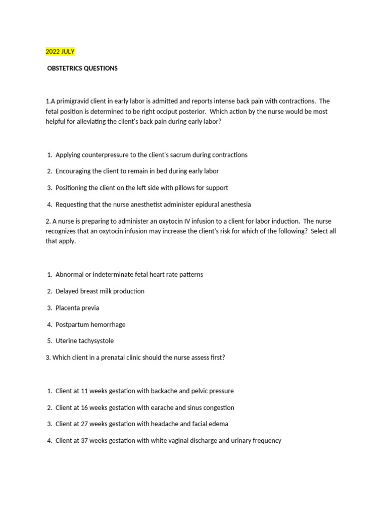 Obstetrics Nursing Questions and Answers | PDF | Childbirth | Pregnancy
