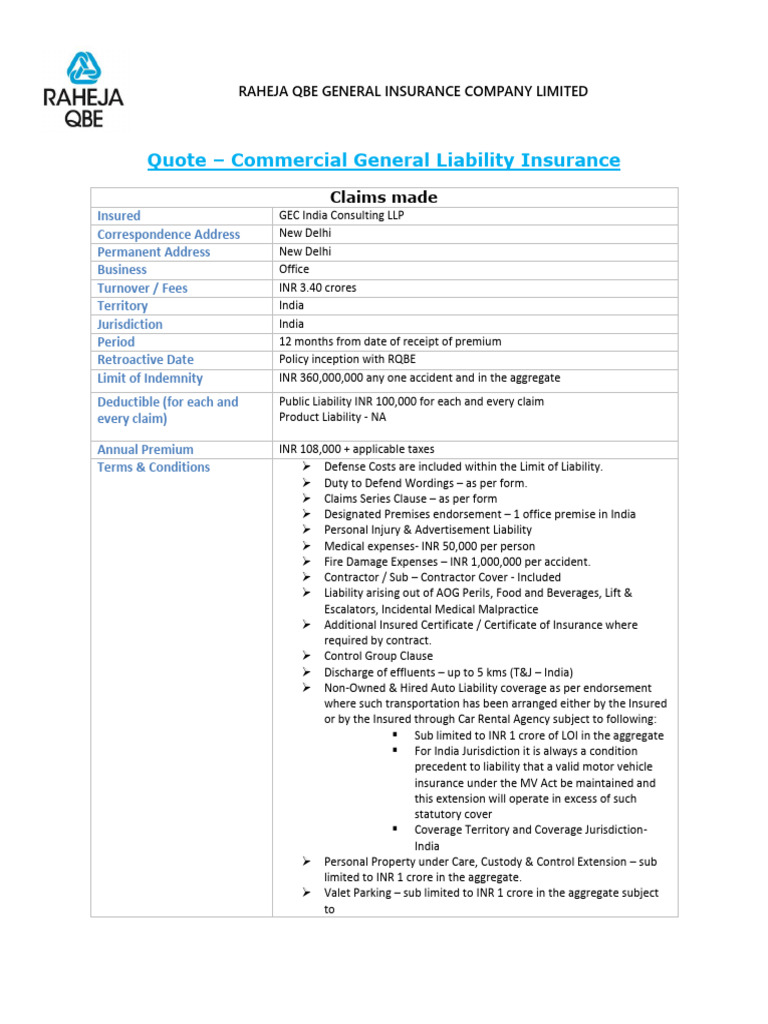 Commercial General Liability Quote | PDF | Liability Insurance | Insurance