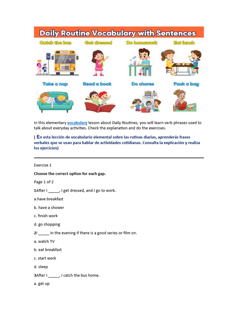 Daily Routines Vocabulary Exercises | PDF