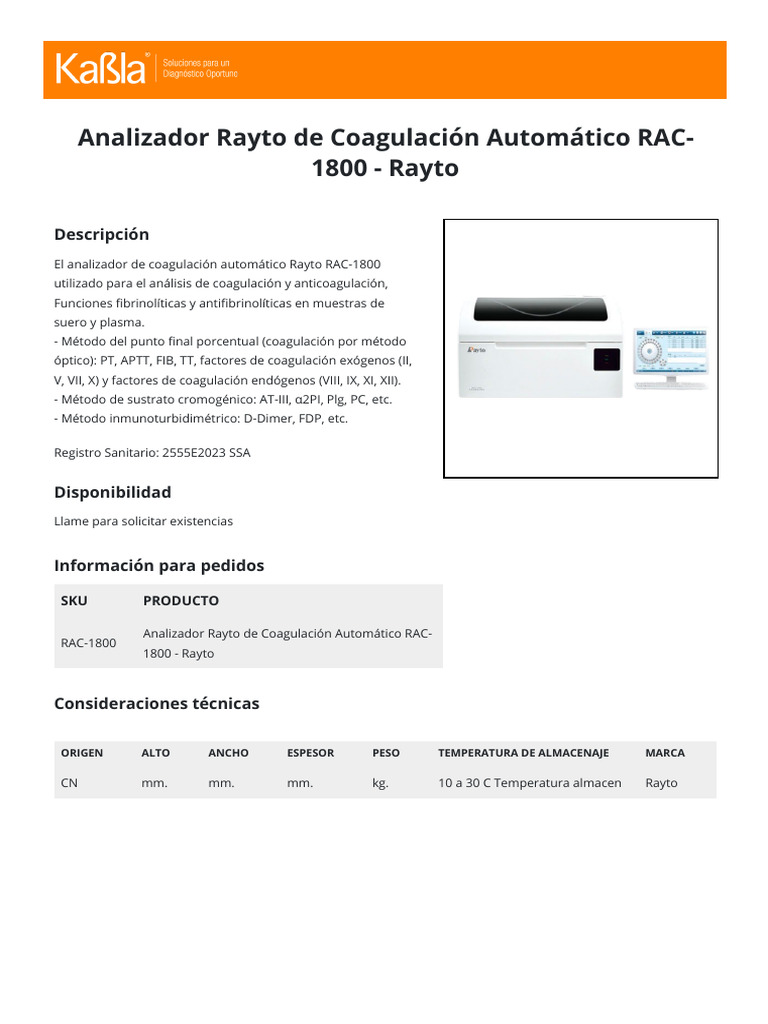 Analizador Coagulación Rayto RAC-1800 | PDF