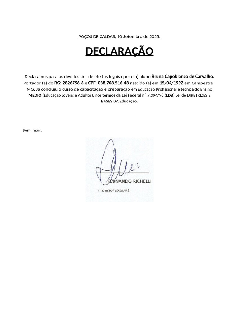 Declaração de Conclusão de Curso EJA | PDF