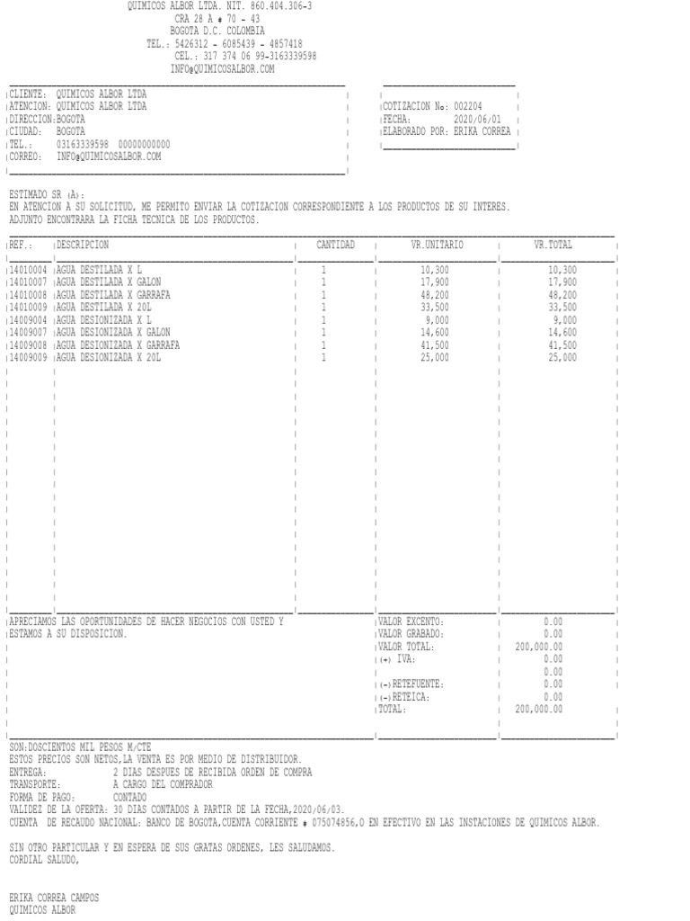 Cotización de Productos Químicos Albor | PDF