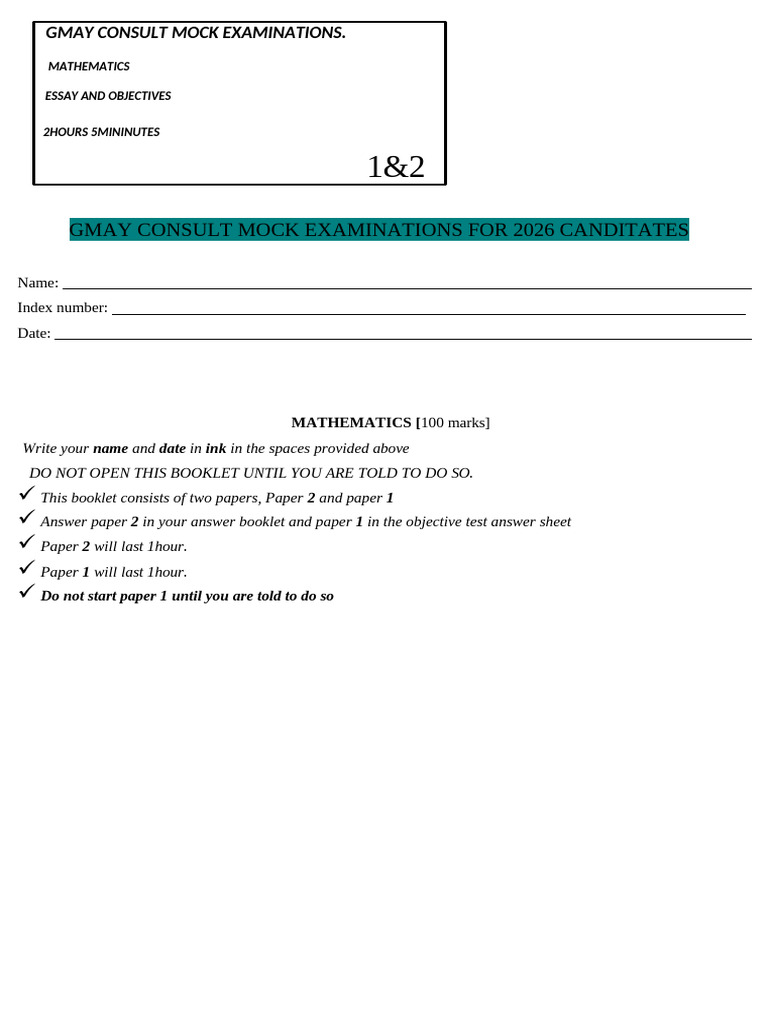 2026 GMAY Mathematics Mock Exam | PDF