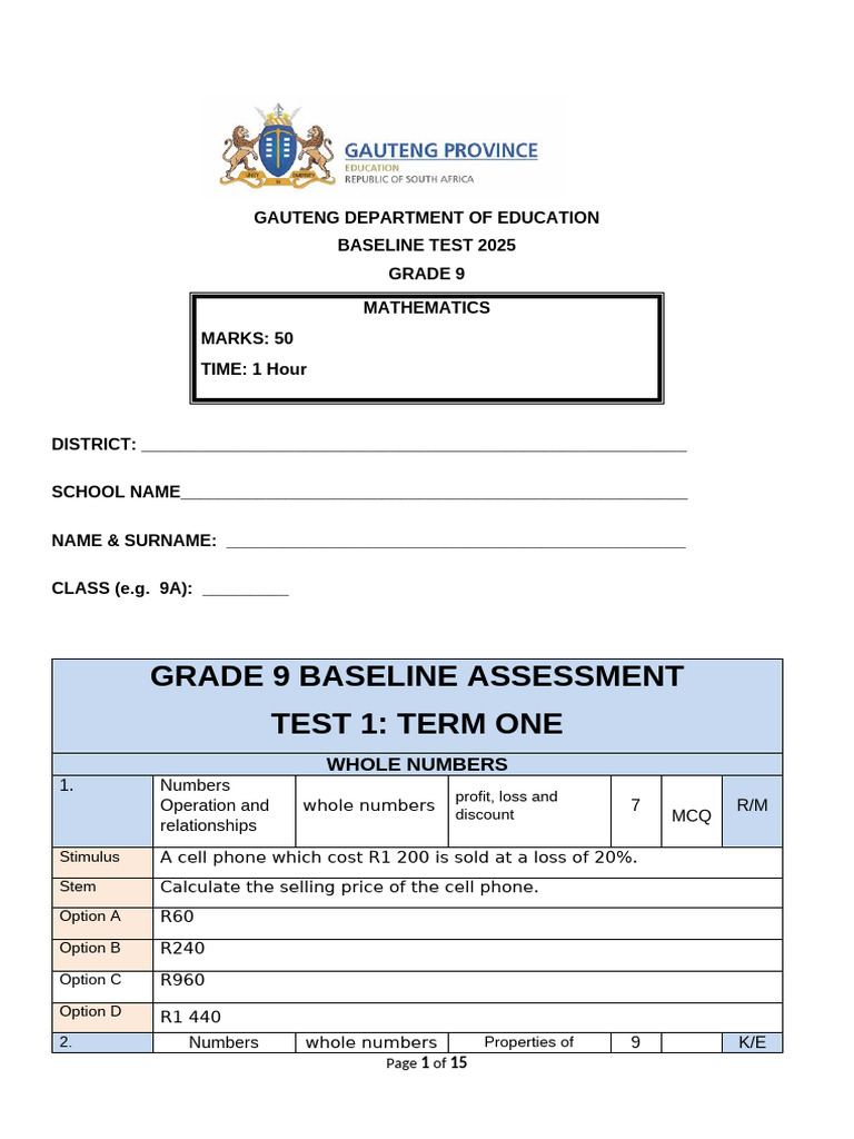 Grade 9 Mathematics Baseline Test 2025 | PDF | Numbers | Exponentiation