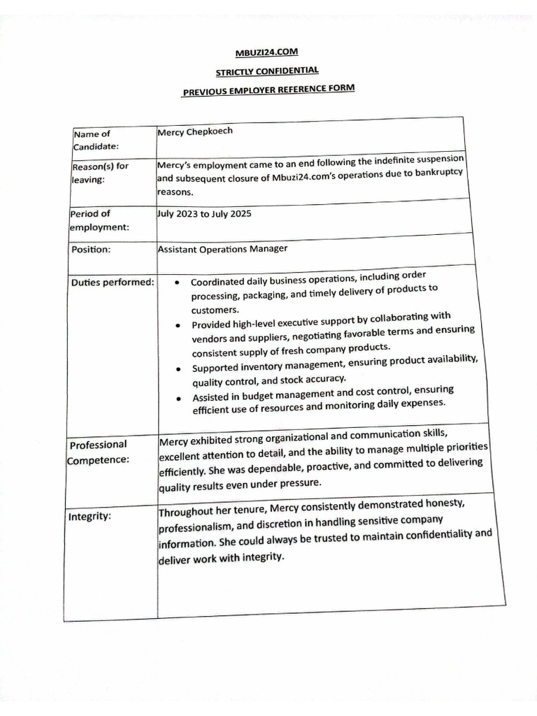 Mercy Chepkoech Reference Form | PDF