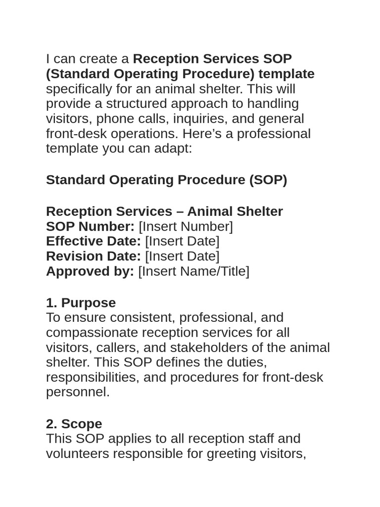 Animal Shelter Reception SOP Template | PDF | Emergency