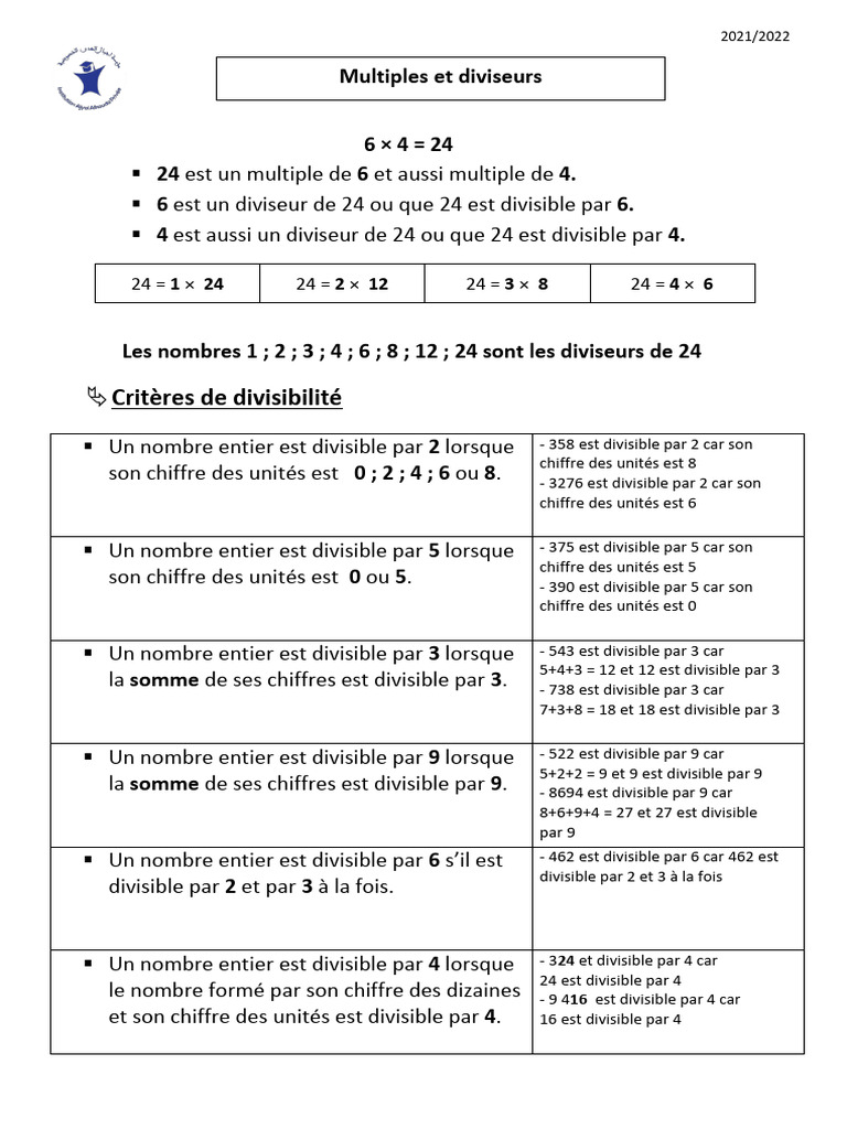 Multiples et Diviseurs de 24 | PDF | Théorie des anneaux | Théorie des ...