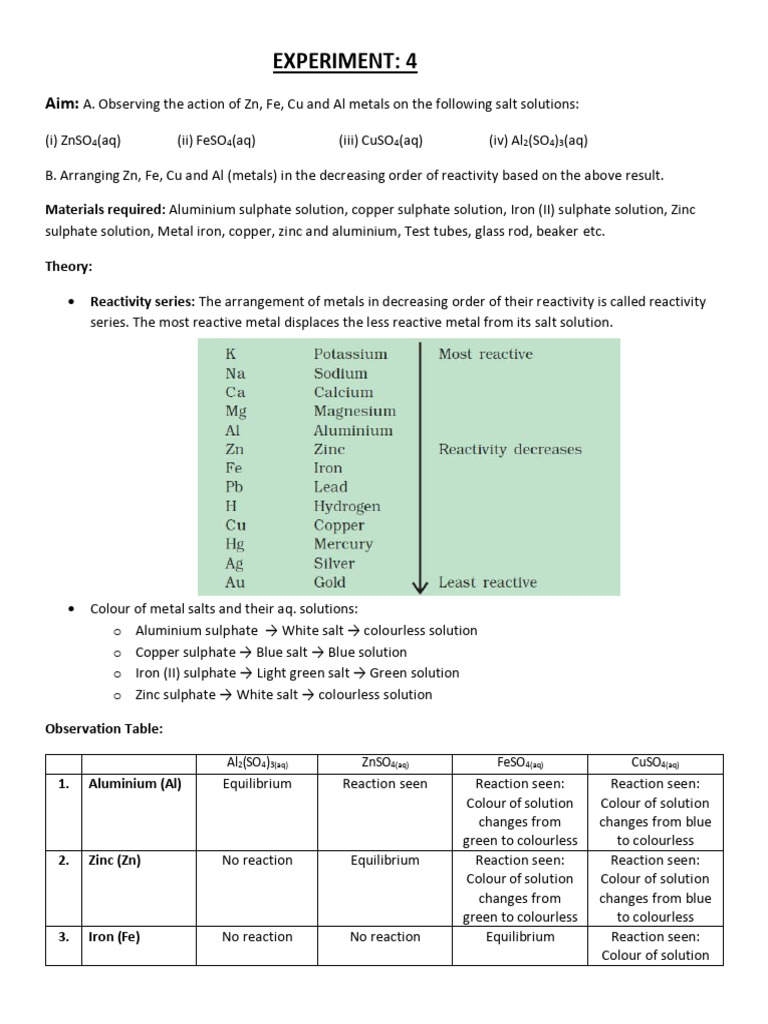 1764231966275 Experiment4 Reactivity Series | PDF | Metals | Copper