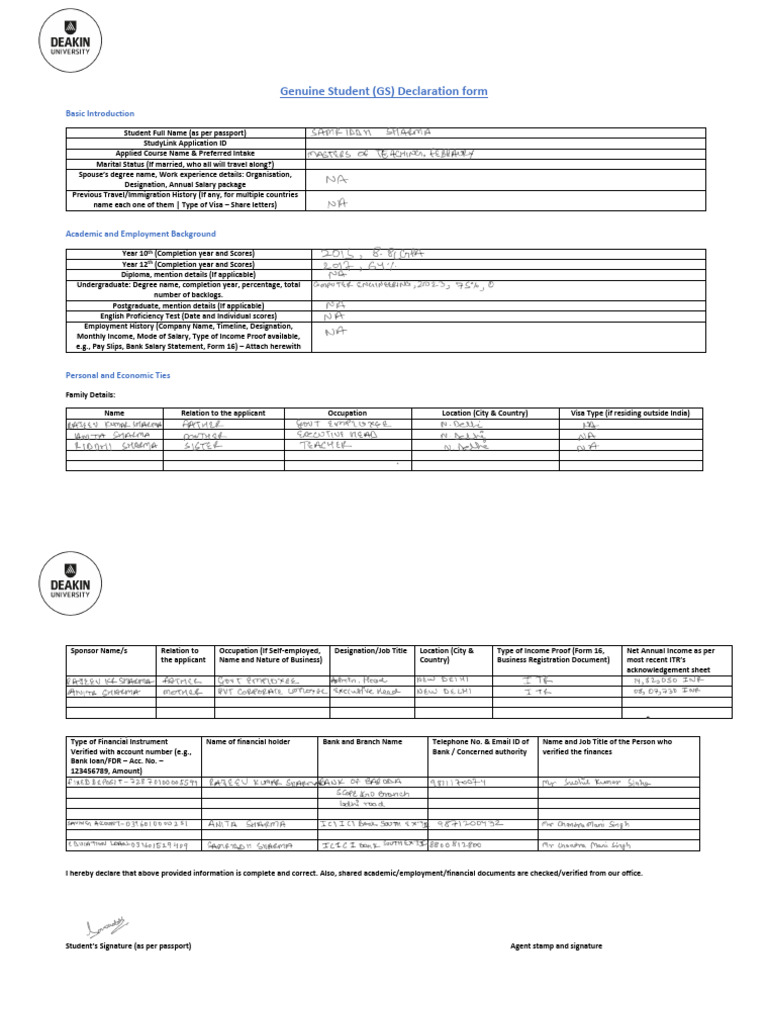 Deakin University GS Declaration Form (2) 2 | PDF | Travel Visa