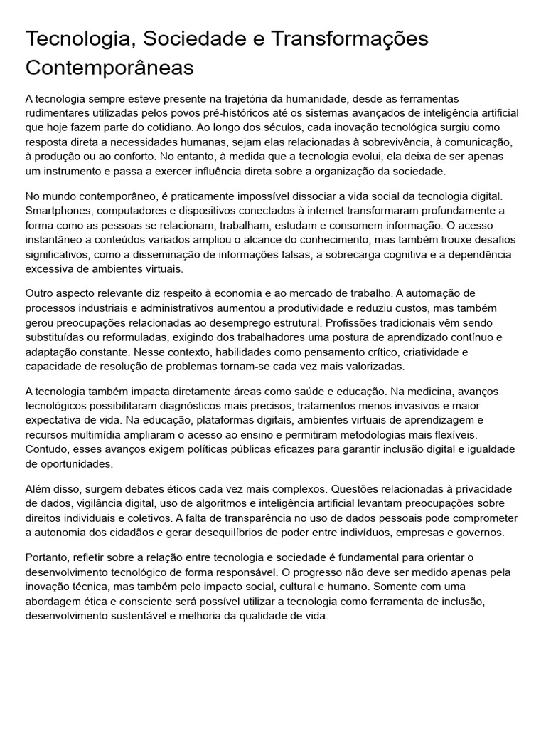 Impactos da Tecnologia na Sociedade Atual | PDF | Inteligência ...