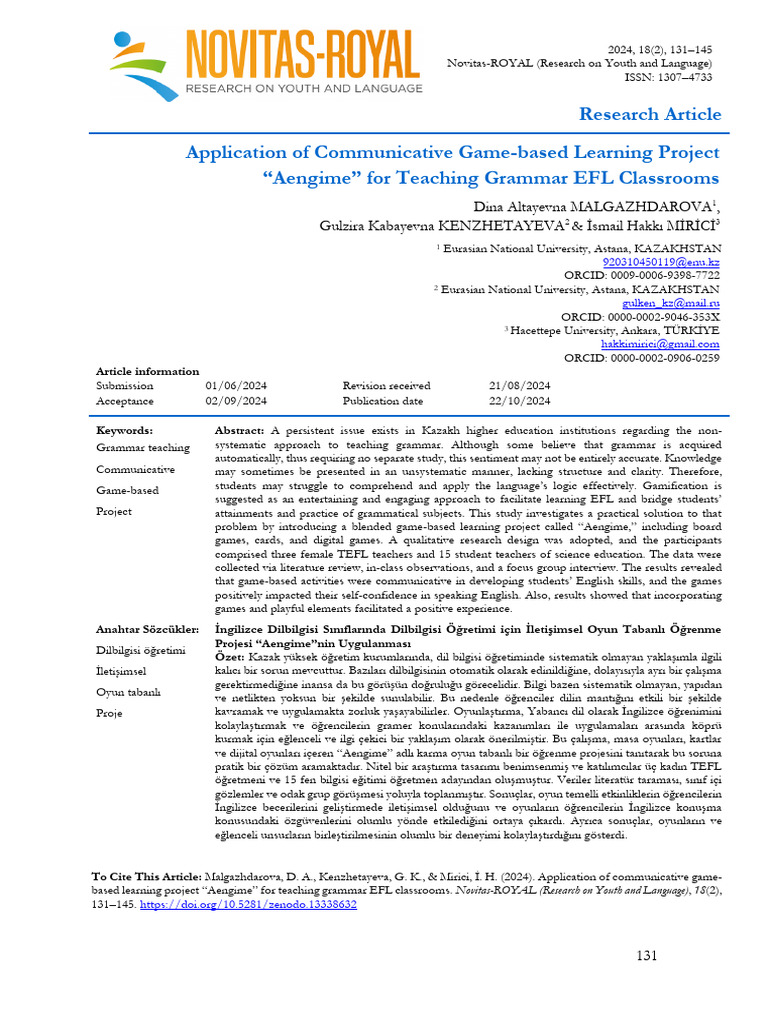 Game-Based Learning for EFL Grammar | PDF | English As A Second Or ...
