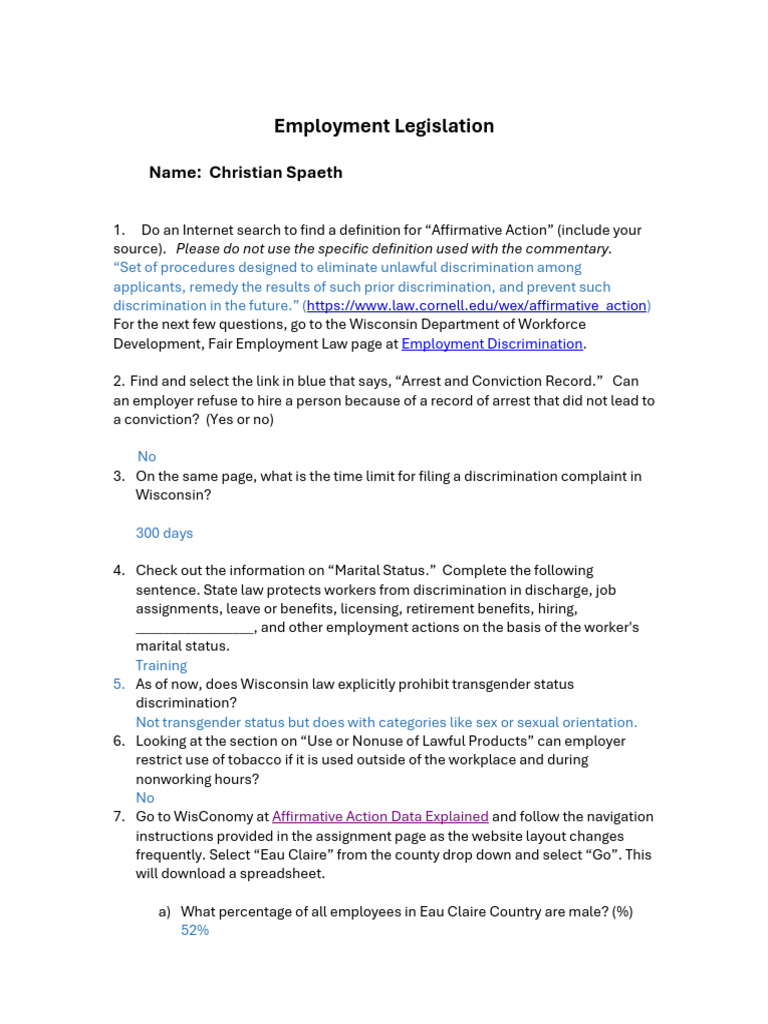 Legislation Worksheet | PDF | Discrimination | Employment Discrimination