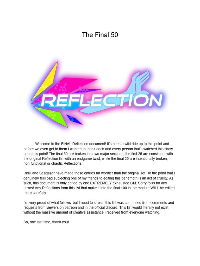 Final 50 Reflections Overview | PDF | Ships | Sword