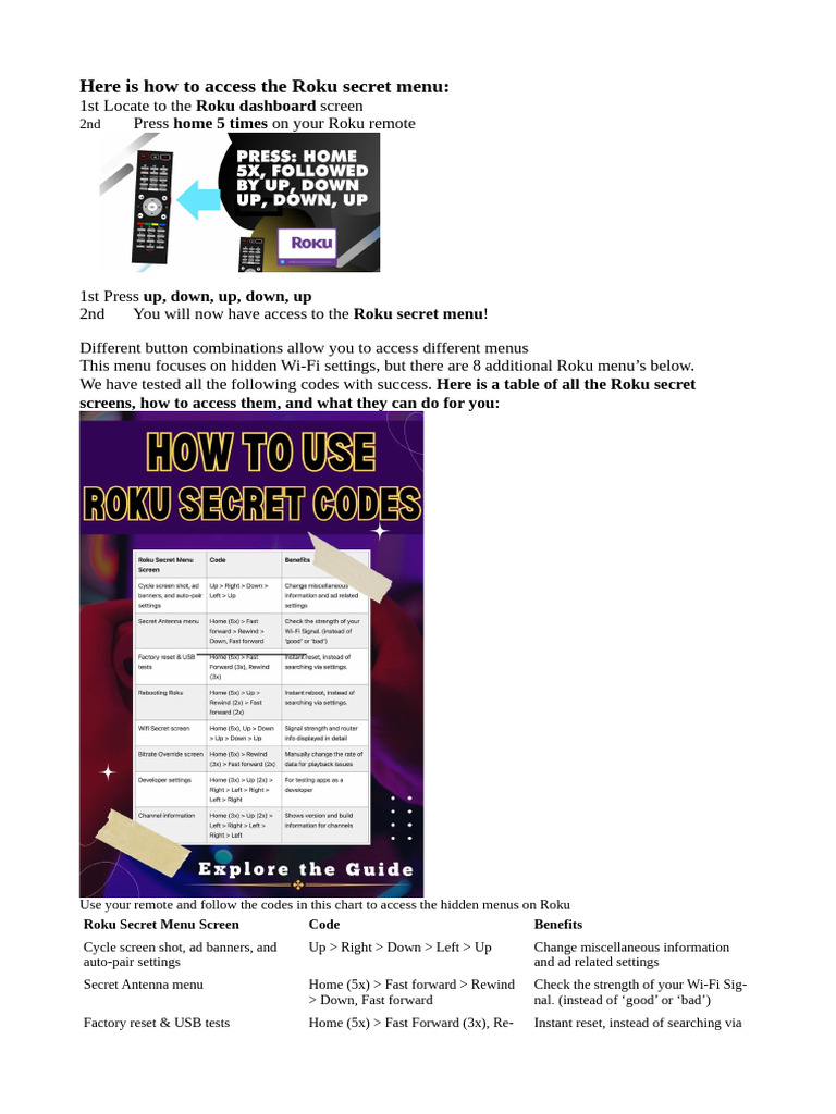Access Roku Secret Menu Codes Guide | PDF | Roku | Menu (Computing)