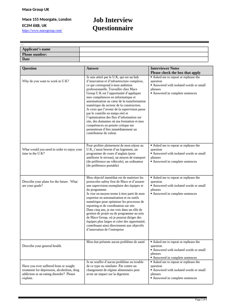 Questionnaire d'entretien Mace Group UK | PDF | Building information ...