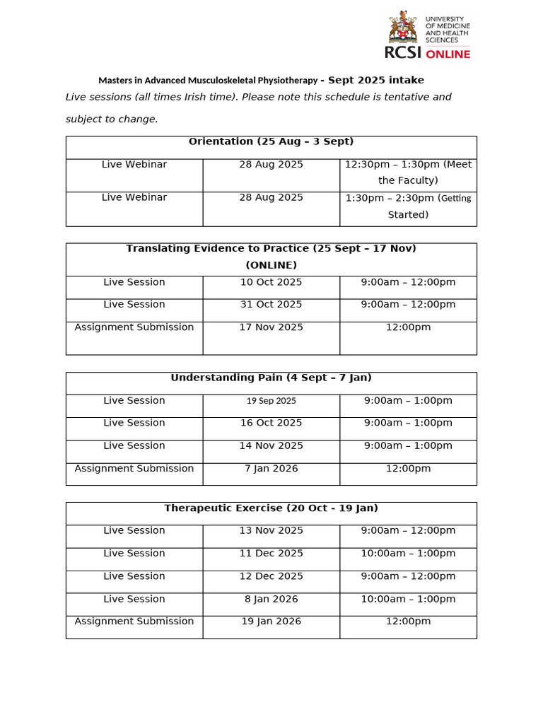 Advanced MSK Physiotherapy Master's Schedule | PDF | Clinical Medicine ...