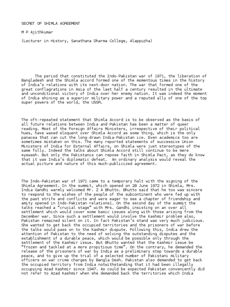 Secret of Shimla Agreement PDF IndiaPakistan Relations Benazir