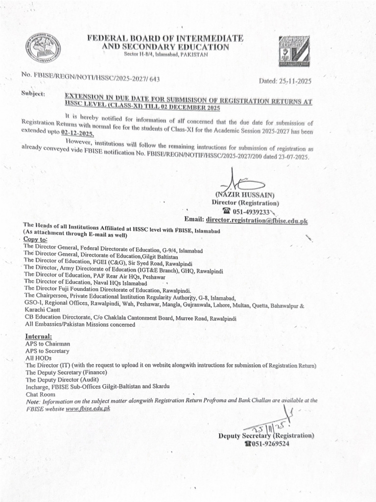 Extension in Due Date Registration Hssc 25 | PDF