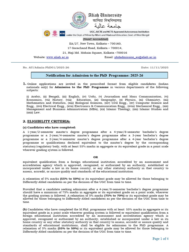 PhD Admission Notification 2025-26 | PDF | Academic Degree | Doctor Of ...