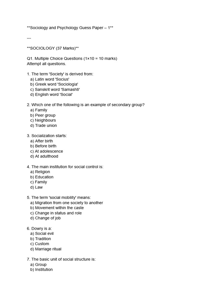 Sociology and Psychology Exam Guide | PDF | Psychology | Sociology