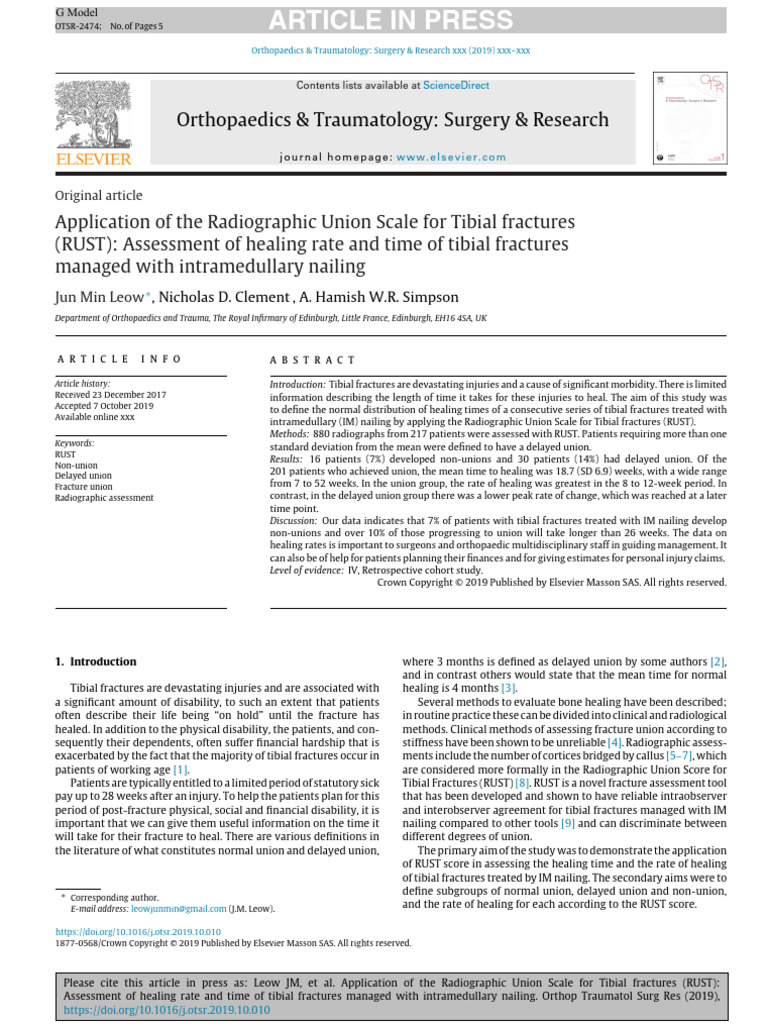 Application of the Radiographic Union Scale for Tibial fractures (RUST ...