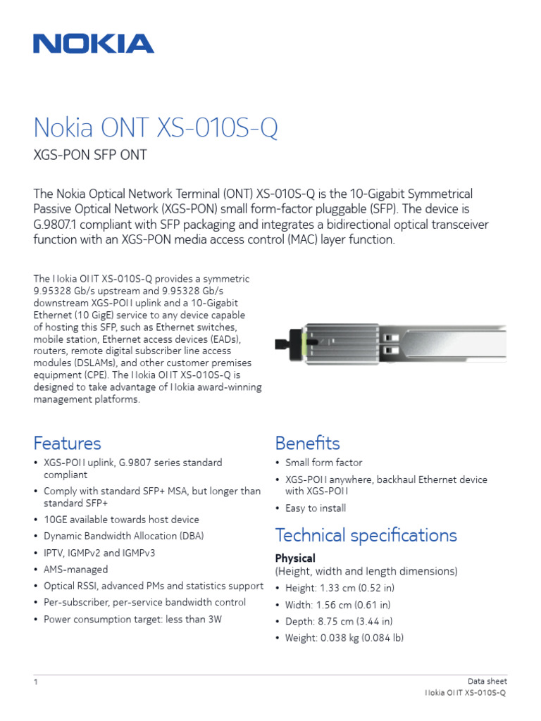 Nokia ONT XS-010S-Q Data Sheet | PDF | Electronics | Data Transmission