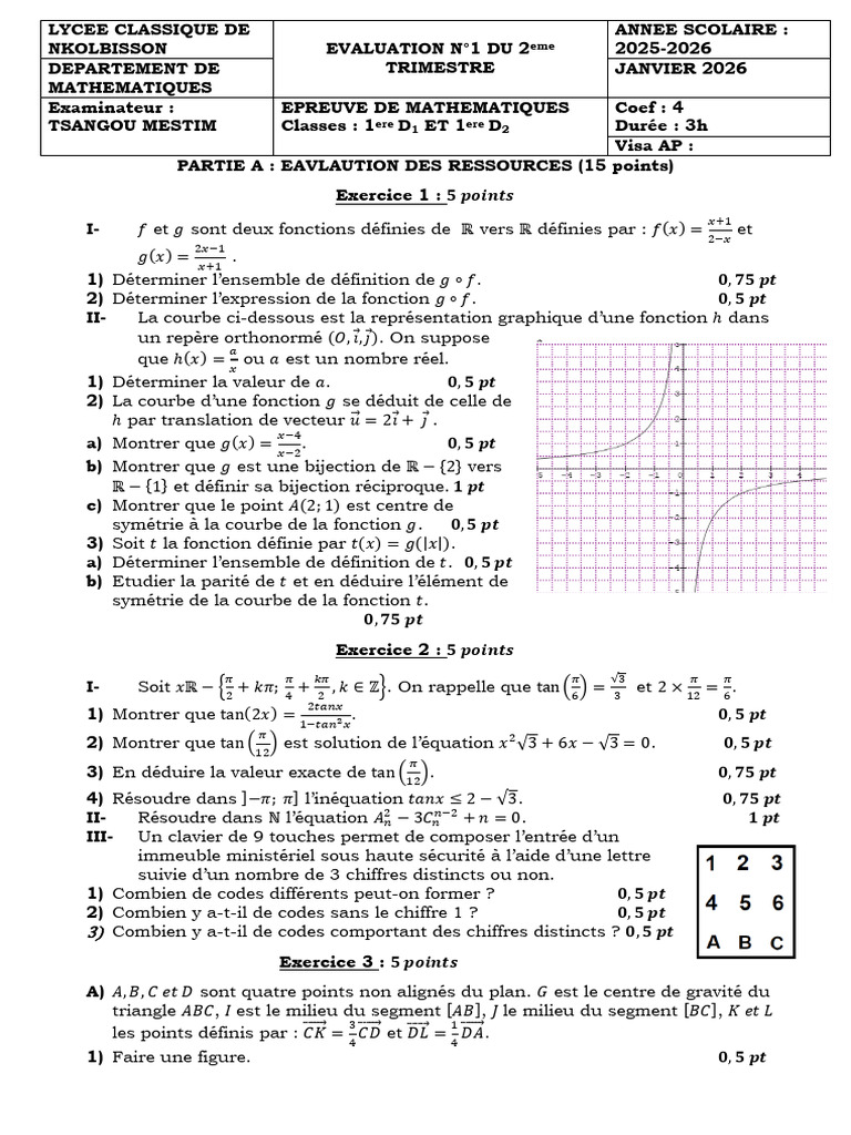 Évaluation de mathématiques 1ère D1/D2 | PDF | Objets mathématiques ...