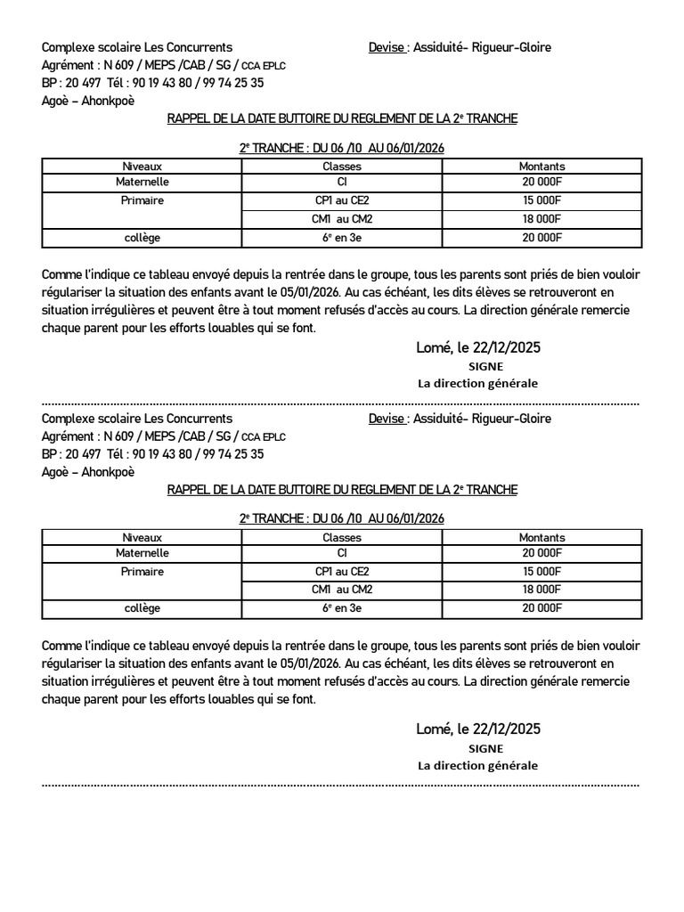 Rappel : Paiement 2e Tranche Scolaire | PDF