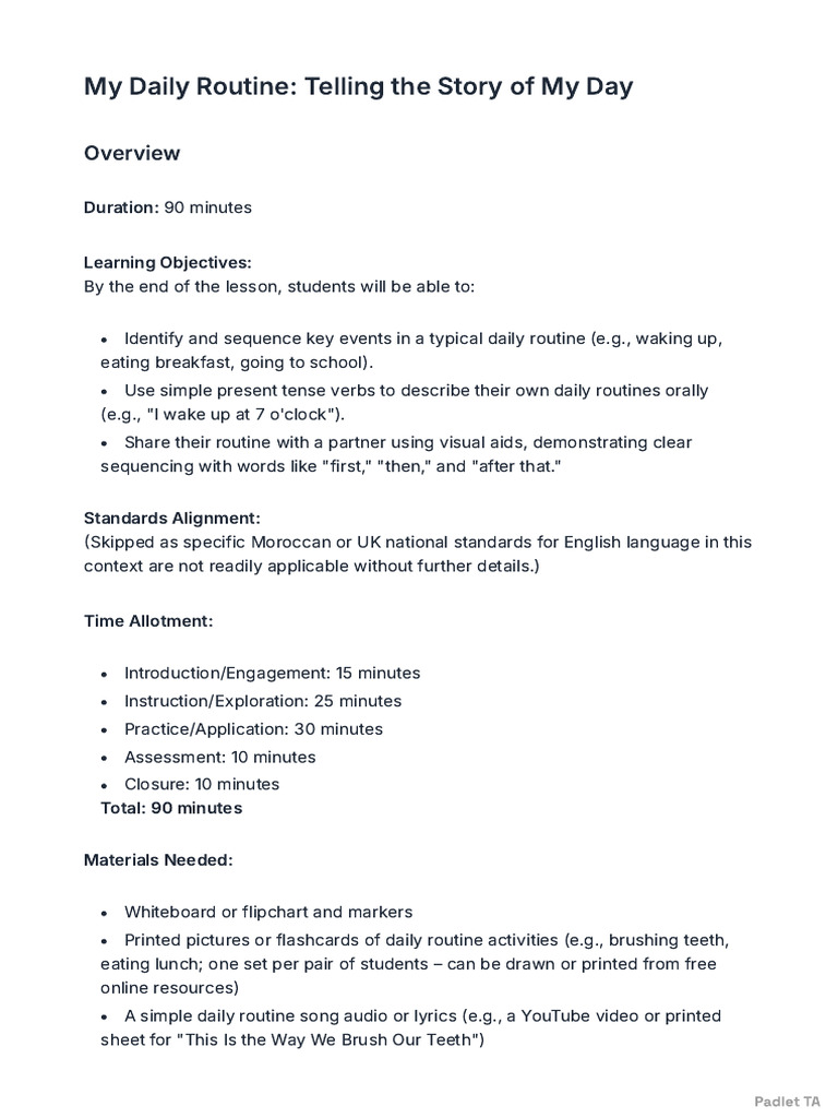 Daily Routine Lesson Plan for Kids | PDF | Linguistics | Learning