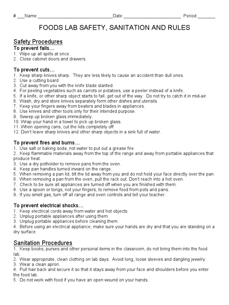 Foods Lab Safety and Sanitation Rules | PDF | Knife | Cookware And Bakeware