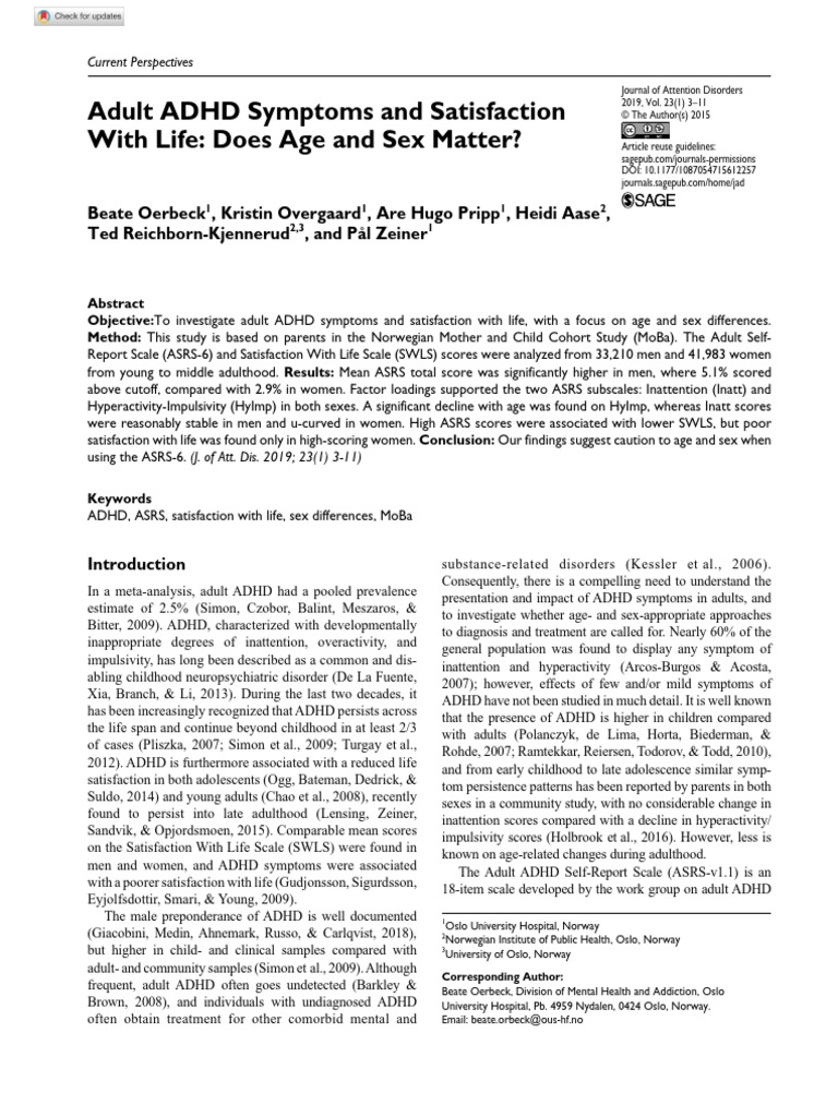 Oerbeck Et Al 2015 Adult Adhd Symptoms and Satisfaction With Life Does ...