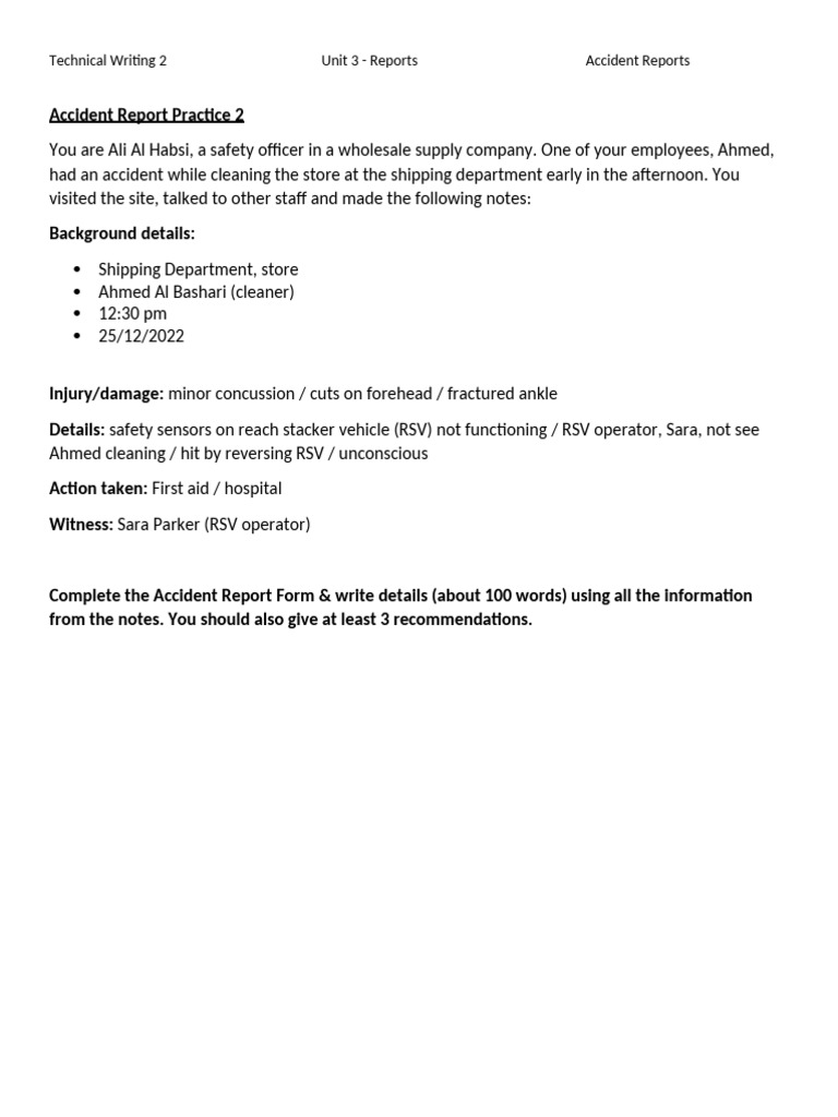 Accident Report Practice 2 | PDF