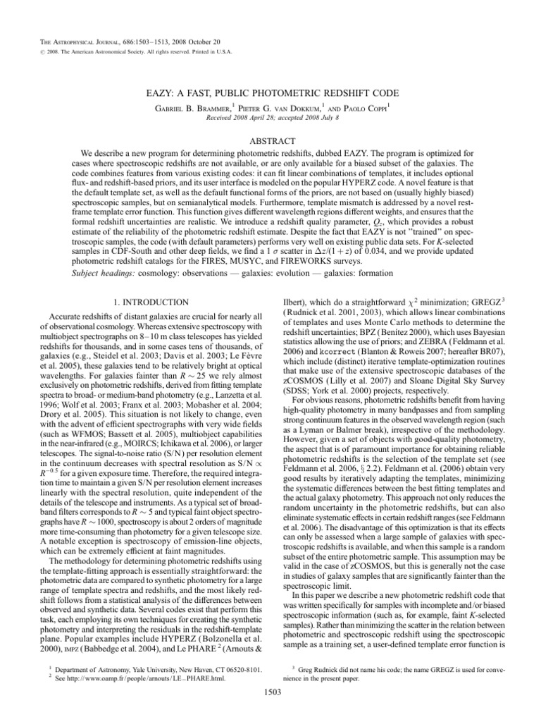 EAZY: Efficient Photometric Redshift Code | PDF | Redshift | Errors And ...