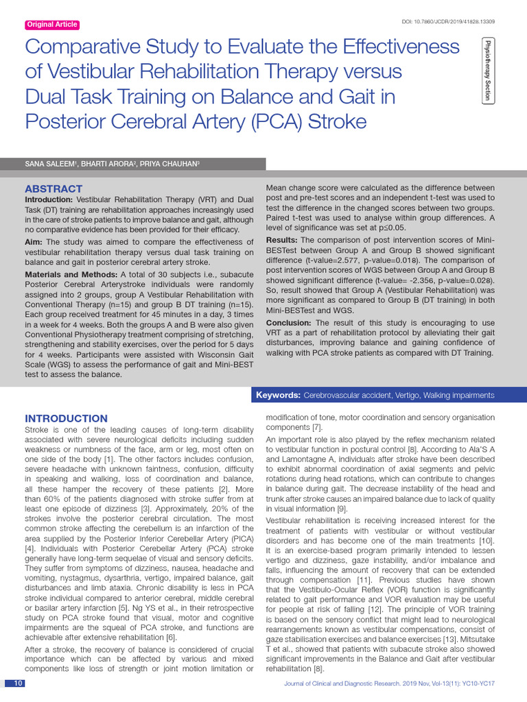 Vestibular Rehab vs. Dual Task Training in PCA Stroke | PDF | Balance ...