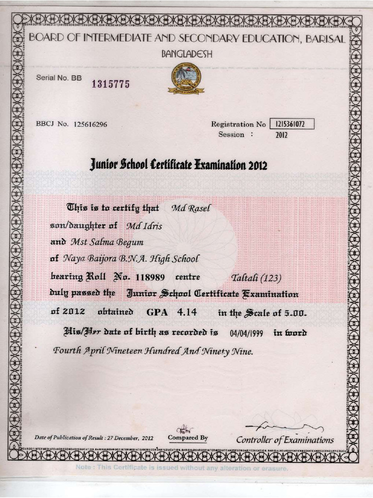 Junior School Certificate 2012 - Md Rasel | PDF