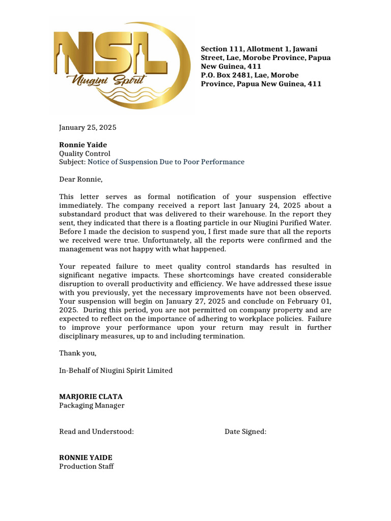 Suspension Letter - Ronnie Yaide | PDF