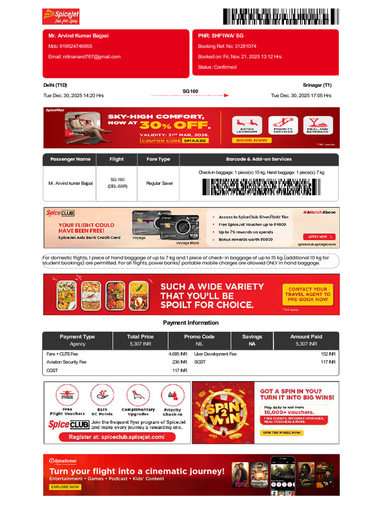 SpiceJet Flight Booking Confirmation Details | PDF | Credit Card ...