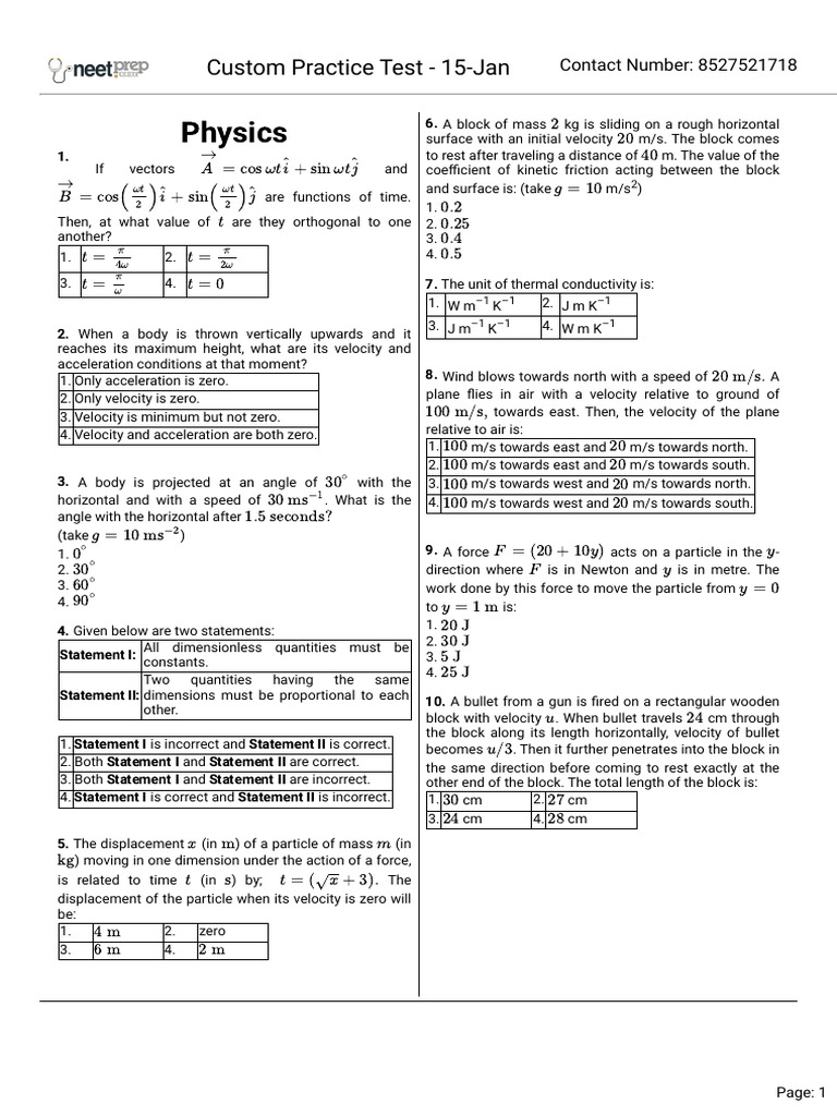 Physics Practice Test Questions | PDF | Force | Physics
