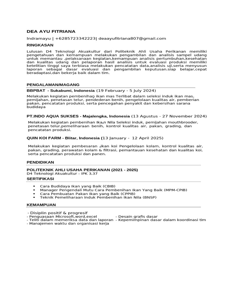 Lulusan Teknologi Akuakultur Berpengalaman | PDF