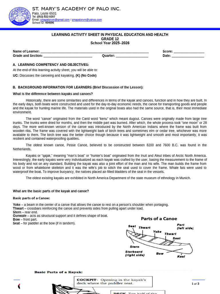 Canoeing and Kayaking Learning Sheet | PDF | Kayak | Canoe