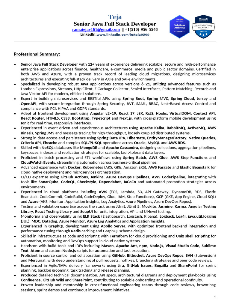 Senior Java Full Stack Developer Profile | PDF | Amazon Web Services ...