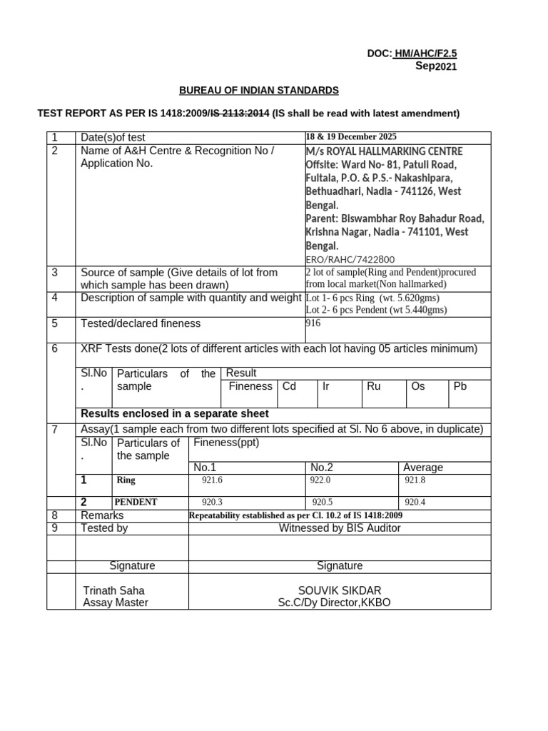 BIS Test Report for Jewelry Fineness | PDF