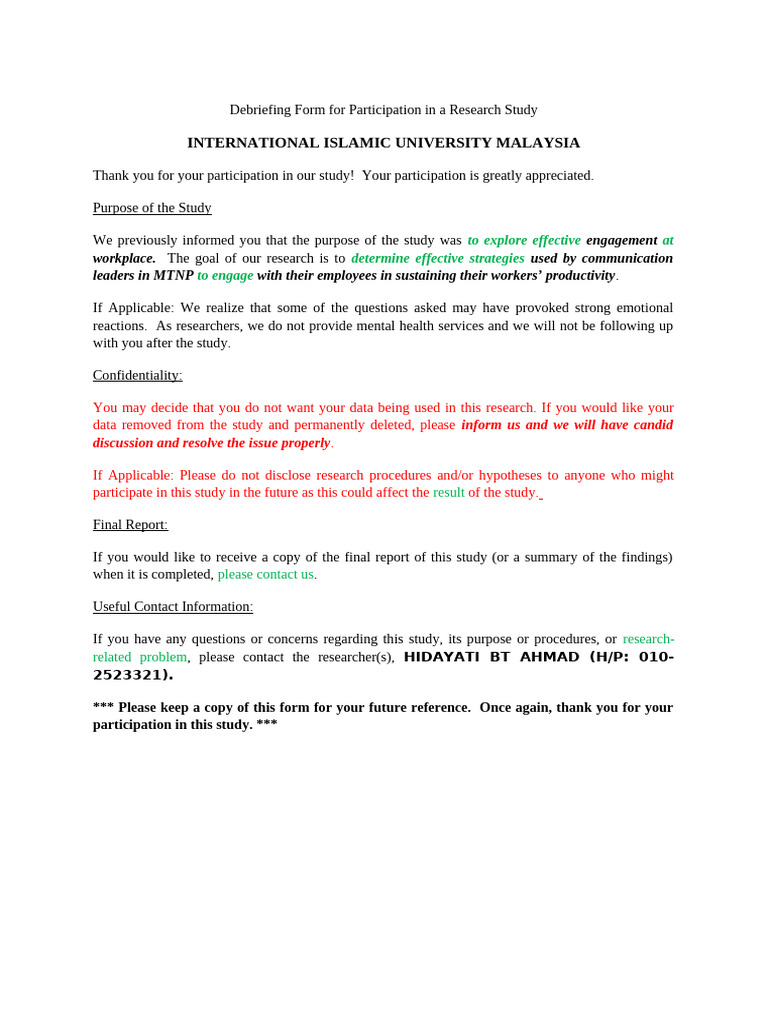 Debriefing Form for Participation in a Research Study | PDF