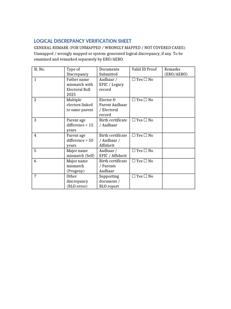 Logical Discrepancy Verification Sheet | PDF