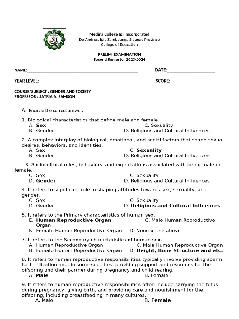 GENDER AND SOCIETY Prelim EXAM With AK | PDF | Sexual Orientation ...